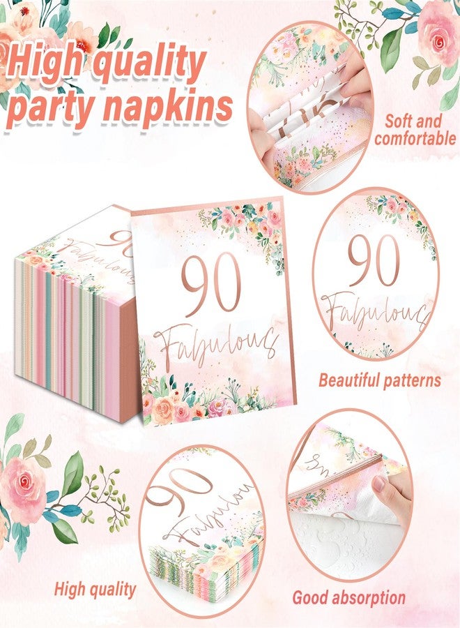 Wiooffen 50pcs Fabulous Rose Gold Floral Paper Napkins - Happy 90th Birthday Party Supplies for Women - Image 3
