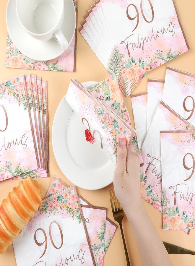 Wiooffen 50pcs Fabulous Rose Gold Floral Paper Napkins - Happy 90th Birthday Party Supplies for Women - Image 4