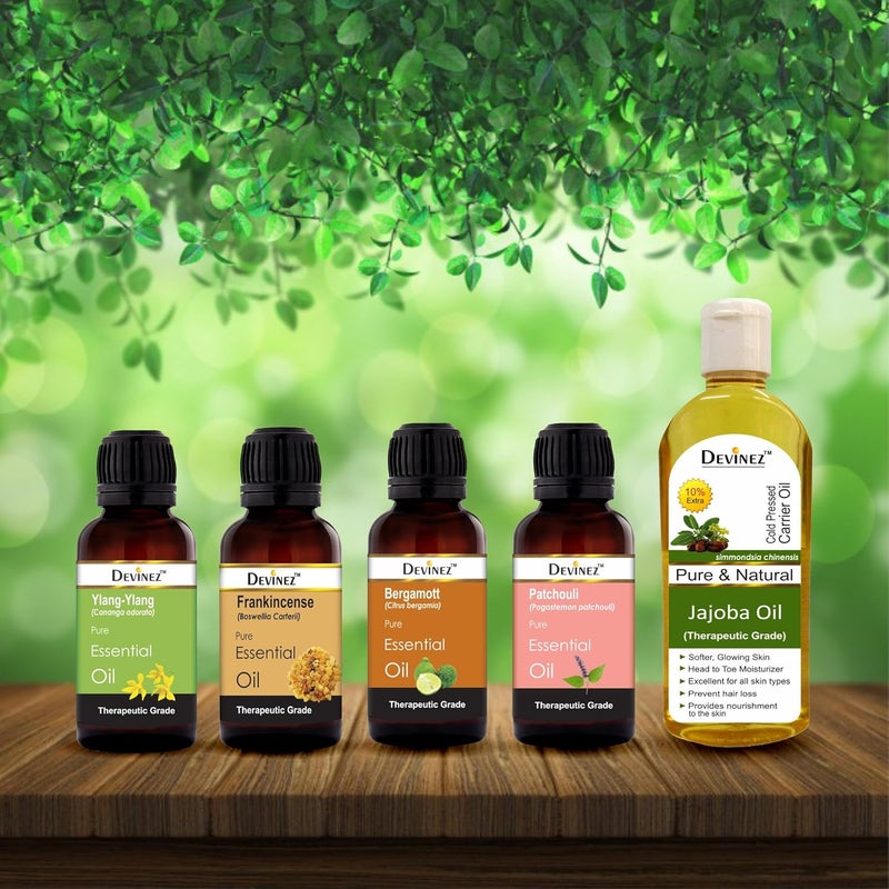 Devinez Devinez Pack of 5 EssentialCarrier Oils Jojoba 110ml Bergamot10ml Frankincense10ml Ylangylang10ml Patchouli10ml best oils for Facial serum  - Image 3