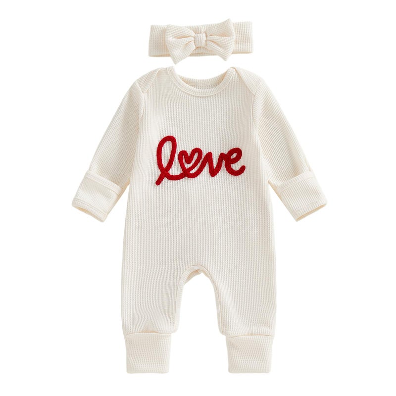 Amnnchya Newborn Baby Girl Valentines Outfit Cute Love Romper Waffle Long Sleeve Ruffle Jumpsuit Infant Girls Spring Clothes (Apricot, Newborn) - Image 1
