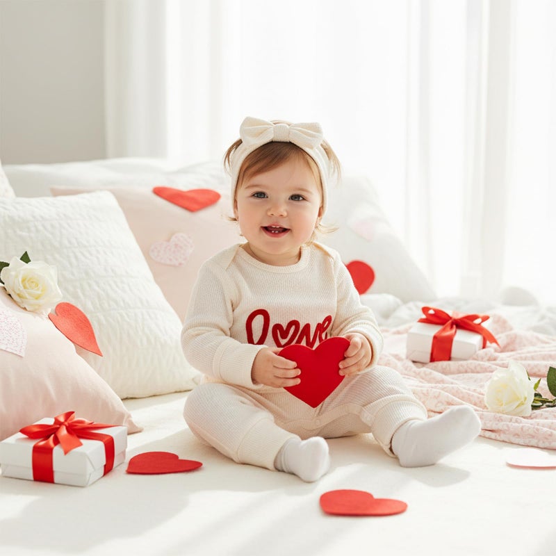 Amnnchya Newborn Baby Girl Valentines Outfit Cute Love Romper Waffle Long Sleeve Ruffle Jumpsuit Infant Girls Spring Clothes (Apricot, Newborn) - Image 5