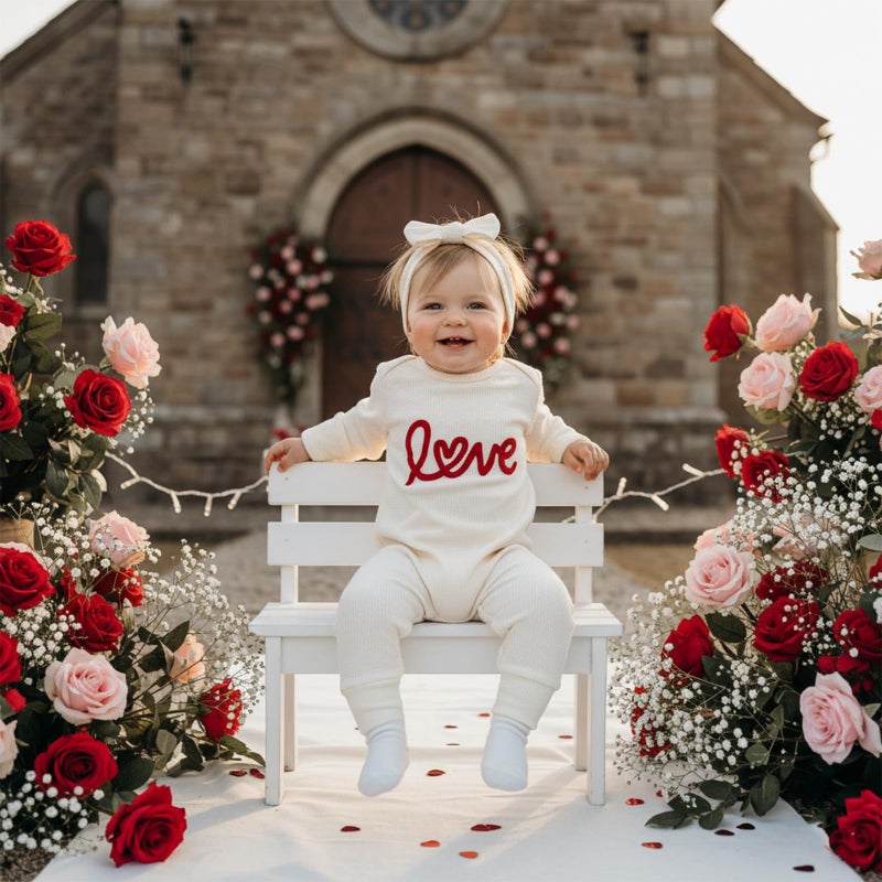 Amnnchya Newborn Baby Girl Valentines Outfit Cute Love Romper Waffle Long Sleeve Ruffle Jumpsuit Infant Girls Spring Clothes (Apricot, Newborn) - Image 4