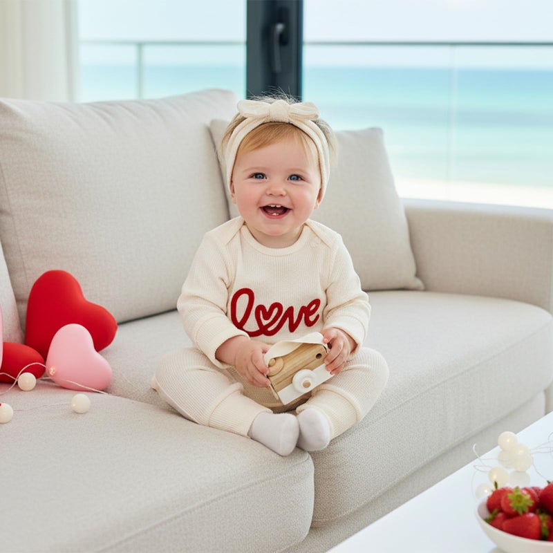 Amnnchya Newborn Baby Girl Valentines Outfit Cute Love Romper Waffle Long Sleeve Ruffle Jumpsuit Infant Girls Spring Clothes (Apricot, Newborn) - Image 2