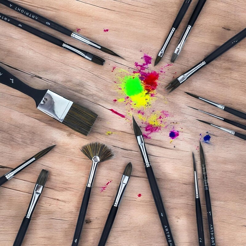 ArtRight مجموعة فرش رسم متنوعة - مجموعة فرش رسم احترافية مصنوعة يدويًا للفنانين للرسم بالأكريليك والزيت والغواش (15 قطعة + 1 فرشاة ممسحة مجانية)  - Image 3