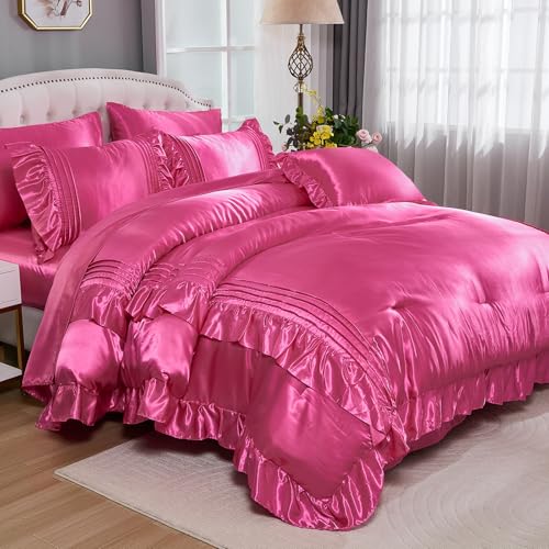 Bedbay Satin Comforter Set 8 Pieces Queen Comforter with Sheets Hot Pink Satin Bed Set Luxury Bedding Bed in a Bag 1 Comforter 4 Pillowcasas 1 Flat Sheet 1 Fitted Sheet 1 Cushion Cover - Image 1