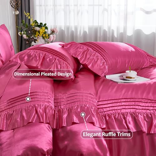 Bedbay Satin Comforter Set 8 Pieces Queen Comforter with Sheets Hot Pink Satin Bed Set Luxury Bedding Bed in a Bag 1 Comforter 4 Pillowcasas 1 Flat Sheet 1 Fitted Sheet 1 Cushion Cover - Image 4