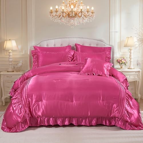Bedbay Satin Comforter Set 8 Pieces Queen Comforter with Sheets Hot Pink Satin Bed Set Luxury Bedding Bed in a Bag 1 Comforter 4 Pillowcasas 1 Flat Sheet 1 Fitted Sheet 1 Cushion Cover - Image 2