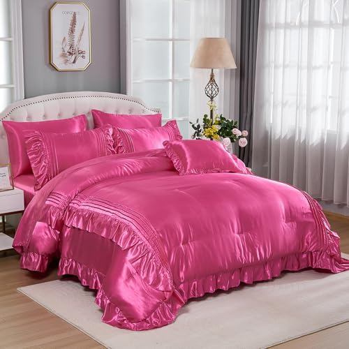 Bedbay Satin Comforter Set 8 Pieces Queen Comforter with Sheets Hot Pink Satin Bed Set Luxury Bedding Bed in a Bag 1 Comforter 4 Pillowcasas 1 Flat Sheet 1 Fitted Sheet 1 Cushion Cover - Image 3