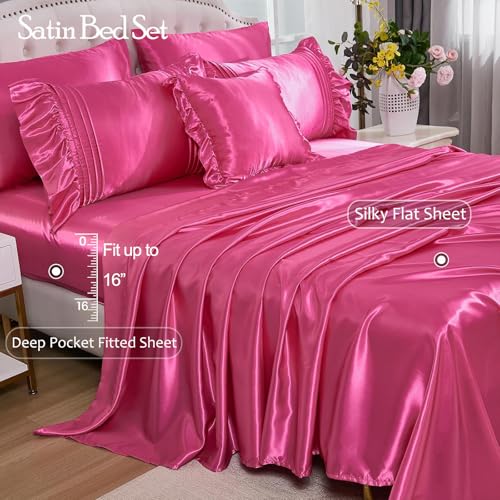 Bedbay Satin Comforter Set 8 Pieces Queen Comforter with Sheets Hot Pink Satin Bed Set Luxury Bedding Bed in a Bag 1 Comforter 4 Pillowcasas 1 Flat Sheet 1 Fitted Sheet 1 Cushion Cover - Image 5