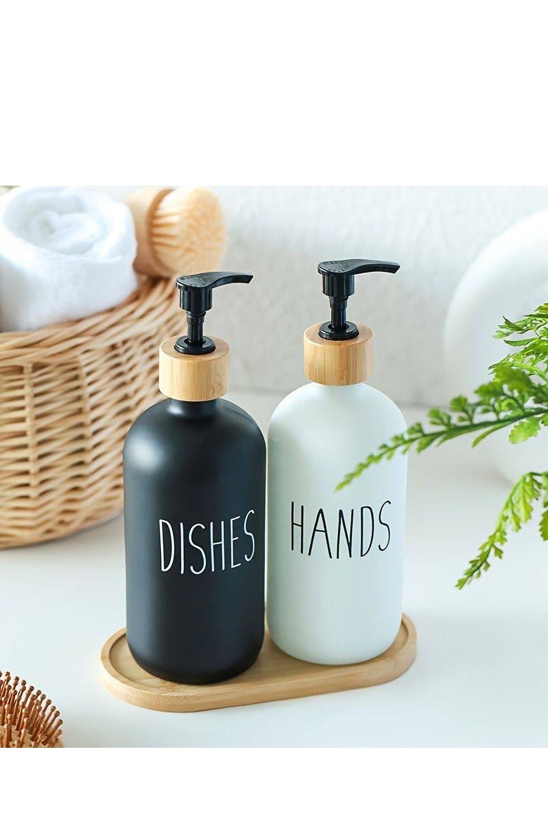 Soap Dispenser Set with Glass Bottles and Bamboo Tray – Hand and Dish Soap Dispenser Set for Bathroom and Kitchen, Refillable Liquid Soap Dispenser, Transparent Glass Bottles with Decorative Bamboo Tray, Modern and Elegant Design, Perfect for Organizing Kitchen Sink or Bathroom Vanity, Easy to Use and Refill – Multicolor - Image 1
