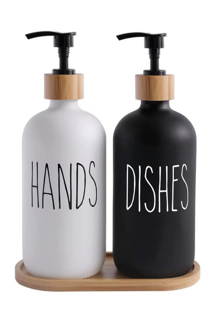 Soap Dispenser Set with Glass Bottles and Bamboo Tray – Hand and Dish Soap Dispenser Set for Bathroom and Kitchen, Refillable Liquid Soap Dispenser, Transparent Glass Bottles with Decorative Bamboo Tray, Modern and Elegant Design, Perfect for Organizing Kitchen Sink or Bathroom Vanity, Easy to Use and Refill – Multicolor - Image 3