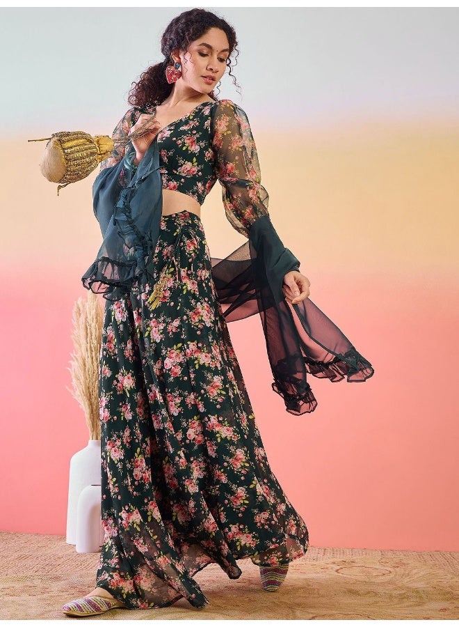 AKS Floral Printed Ready to Wear Lehenga & Blouse With Dupatta  - Image 4