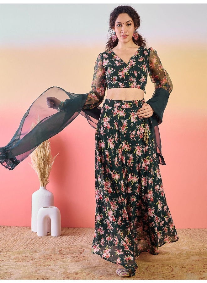 AKS Floral Printed Ready to Wear Lehenga & Blouse With Dupatta  - Image 2