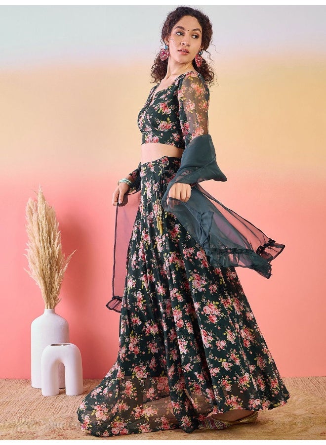 AKS Floral Printed Ready to Wear Lehenga & Blouse With Dupatta  - Image 5