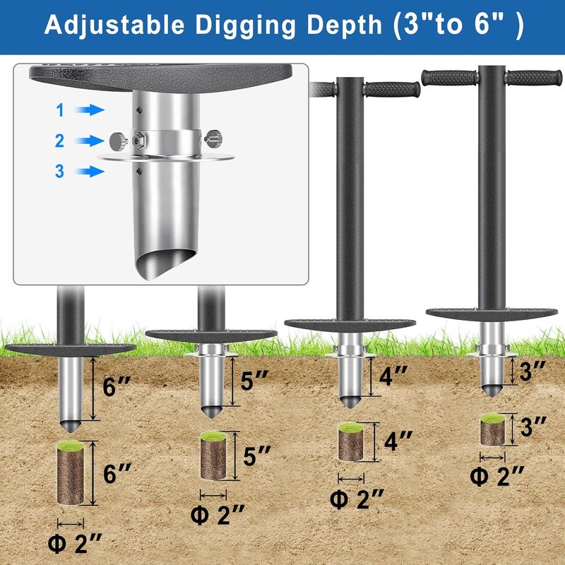 BeneLabel Garden Bulb Planter Tool with Adjustable Digging Depth from 3 to 6 Inch Grass Plugger Tool with Long Handle Bulb Transplanter Tool for Digging, Planting, Grass Repair - Image 2