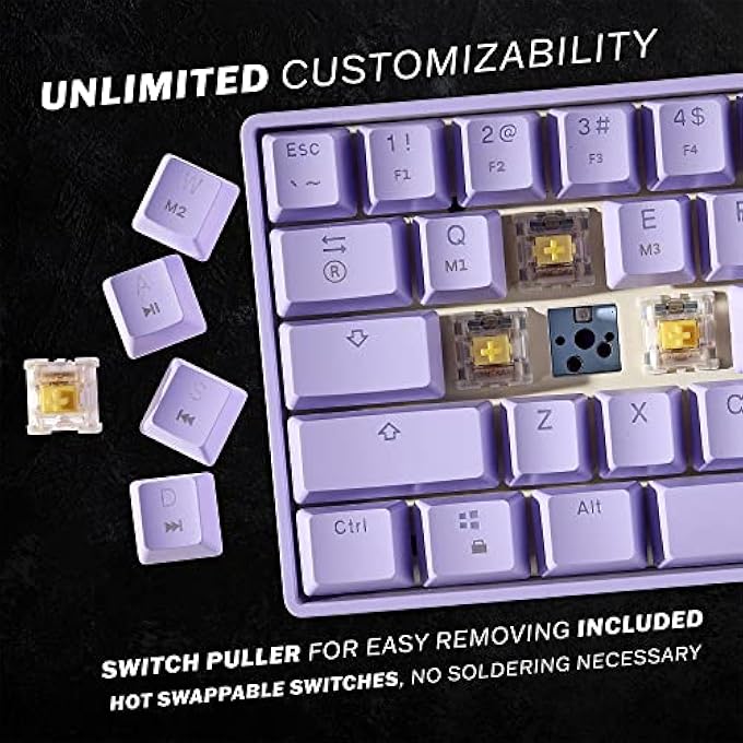 rayihni GK61 MECHANICAL GAMING KEYBOARD 60 PERCENT | 61 RGB RAINBOW LED BACKLIT PROGRAMMABLE KEYS | USB WIRED | FOR MAC AND WINDOWS PC | HOTSWAP GATERON OPTICAL BLUE SWITCHES | LAVENDER - Image 2