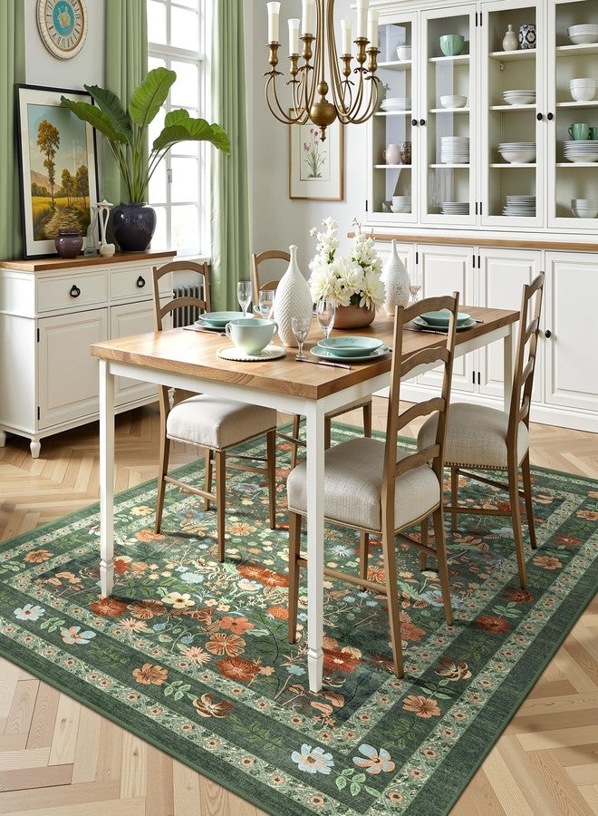Deerly Green Floral Area Rug 5x7 Vintage Boho Washable Non-Slip Living Room Carpet Soft Low Pile Thin Bedroom Floor Mat Indoor Home Decor for Dining Room Playroom Nursery Farmhouse, Green/Multi - Image 3