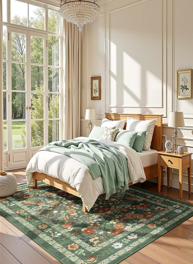 Deerly Green Floral Area Rug 5x7 Vintage Boho Washable Non-Slip Living Room Carpet Soft Low Pile Thin Bedroom Floor Mat Indoor Home Decor for Dining Room Playroom Nursery Farmhouse, Green/Multi - Image 2