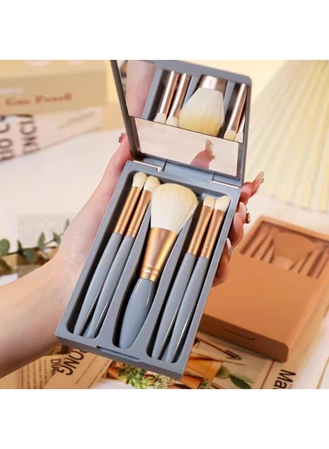 5-piece travel makeup brush set, with mirror，portable,  multi-functional foundation brush, blush brush, and makeup tools. - Image 2