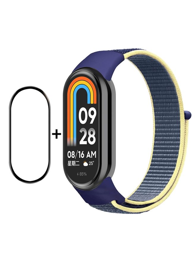 Replacement Strap For Xiaomi Mi Band 8 ENKAY Hat-Prince 2 in 1 Set Full Coverage Screen Protector + Nylon Loop Watch Band Blue+Yellow