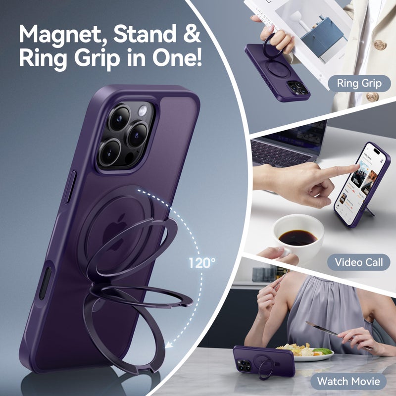 CASEKOO Ultra-Magnetic Stand for iPhone 16 Pro Max Case [Military Drop Protection] [Compatible with MagSafe] Shockproof Translucent Matte Slim Ring Holder Case for iPhone 16 ProMax 6.9", Purple - Image 3