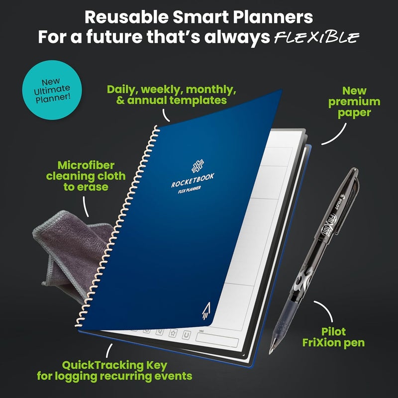 Rocketbook Flex Reusable Planner, Smart Undated, Daily, Weekly, Monthly, Annual Calendar Templates, Executive Size 6X8.8, Navy Blue (Pack of 1) - Image 3