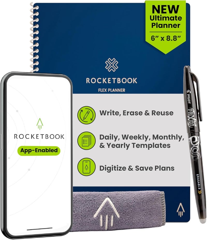 Rocketbook Flex Reusable Planner, Smart Undated, Daily, Weekly, Monthly, Annual Calendar Templates, Executive Size 6X8.8, Navy Blue (Pack of 1) - Image 1