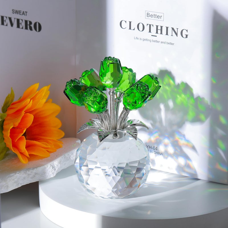 Movdyka Green Rose Flower Crystal Figurine with Vase  Bouquet Flowers Ornament Gifts for Wife Girlfriend Women   Handmade Crystal Flower Collectible Home Table Decor for Valentine's Day Wedding Anniversary - Image 2