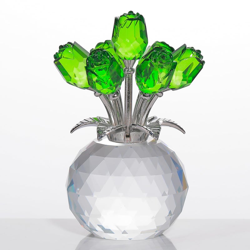 Movdyka Green Rose Flower Crystal Figurine with Vase  Bouquet Flowers Ornament Gifts for Wife Girlfriend Women   Handmade Crystal Flower Collectible Home Table Decor for Valentine's Day Wedding Anniversary - Image 1