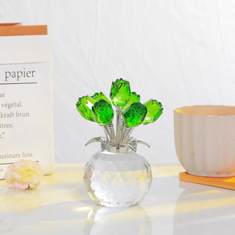 Movdyka Green Rose Flower Crystal Figurine with Vase  Bouquet Flowers Ornament Gifts for Wife Girlfriend Women   Handmade Crystal Flower Collectible Home Table Decor for Valentine's Day Wedding Anniversary - Image 4