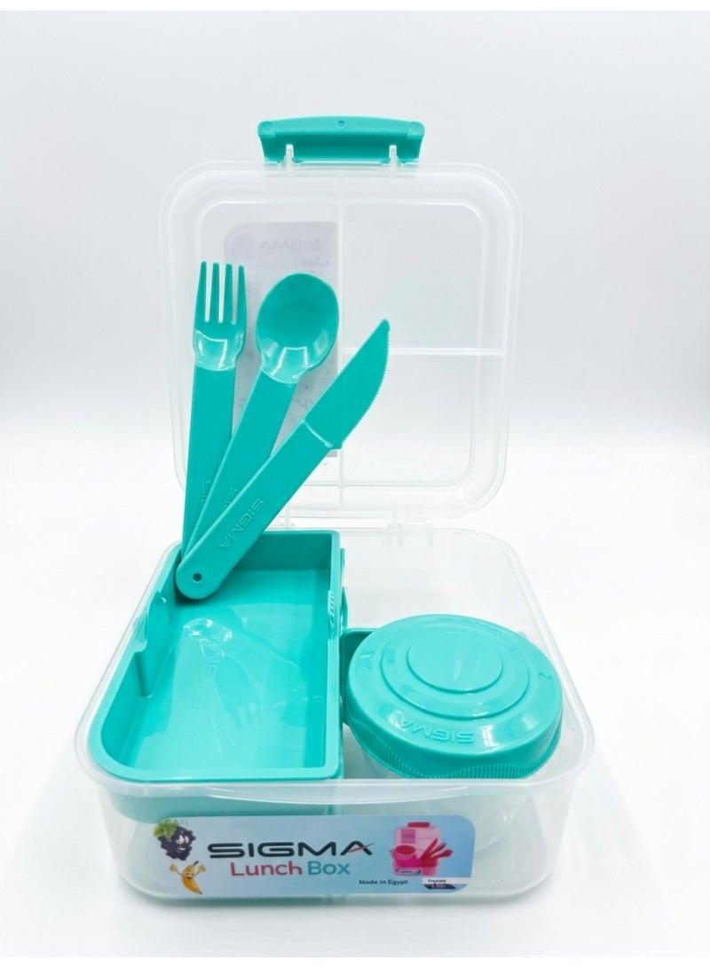 SIGMA Multi-Compartment Kids & Adults Lunch Box (1.25L) with Cutlery Set & Sauce Container –Mint - Image 2