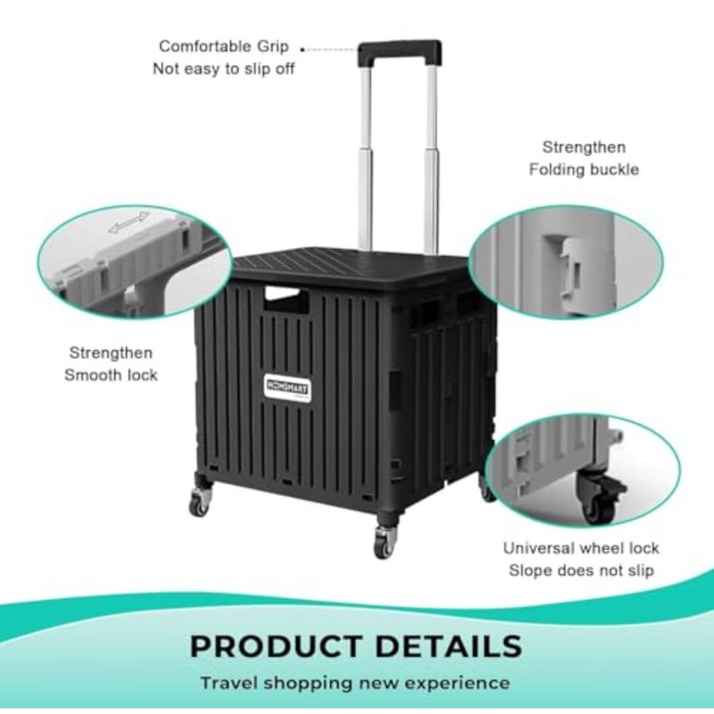 65L Foldable Utility Rolling Shopping Cart, Heavy Duty Rolling Grocery Cart on 4 Wheels, Portable Collapsible Shopping Cart with Telescoping Handle for Tourist Shopping Office Outdoor - Image 3