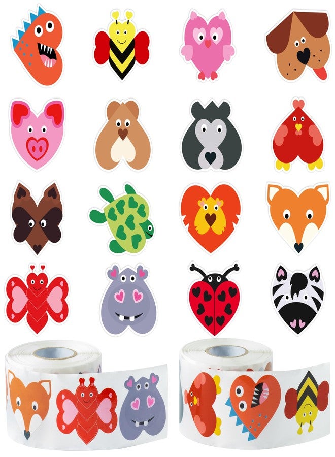 W1cwey 1000pcs Valentine’s Day Animal Heart-Shaped Sticker Rolls (2 Rolls), 16 Designs Cute Animal Self-Adhesive Sticker for Kids Cartoon Bee Owl Pig Zebra Sticker Scrapbook Giftwrap Valentine’s Decor - Image 1