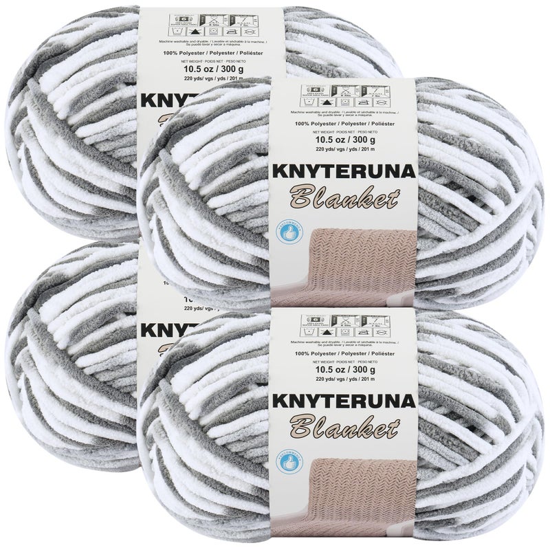 Knyteruna #6 Super Bulky Blanket Yarn for Crocheting - 4 Skeins(Each 10.5oz/300g, 220yds/201m), Chunky Chenille Thick Plush Big Soft Yarn for Crocheting Knitting Blankets, Multi Grey & White - Image 1