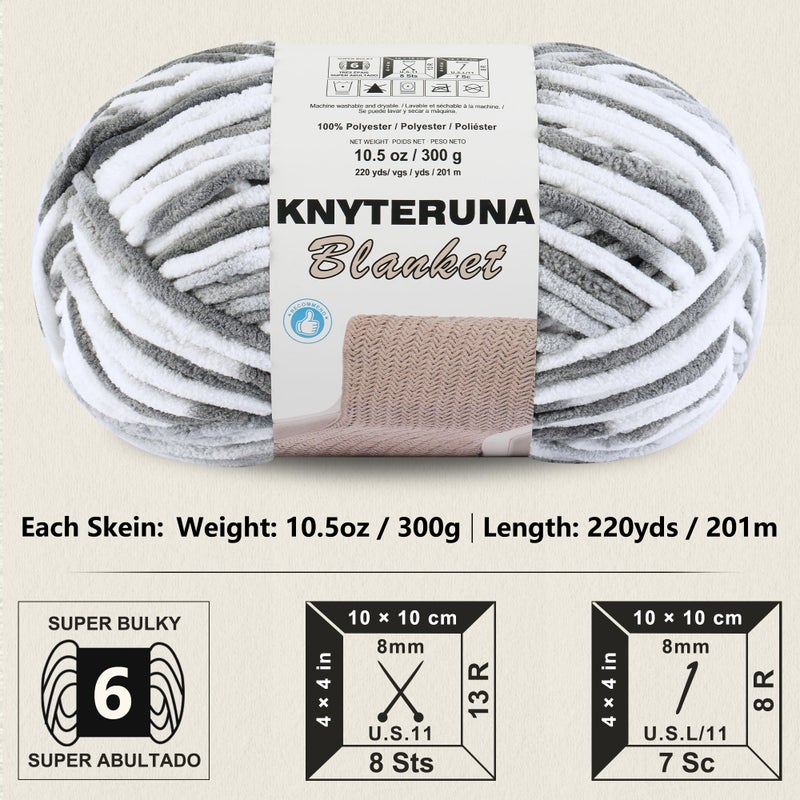 Knyteruna #6 Super Bulky Blanket Yarn for Crocheting - 4 Skeins(Each 10.5oz/300g, 220yds/201m), Chunky Chenille Thick Plush Big Soft Yarn for Crocheting Knitting Blankets, Multi Grey & White - Image 2