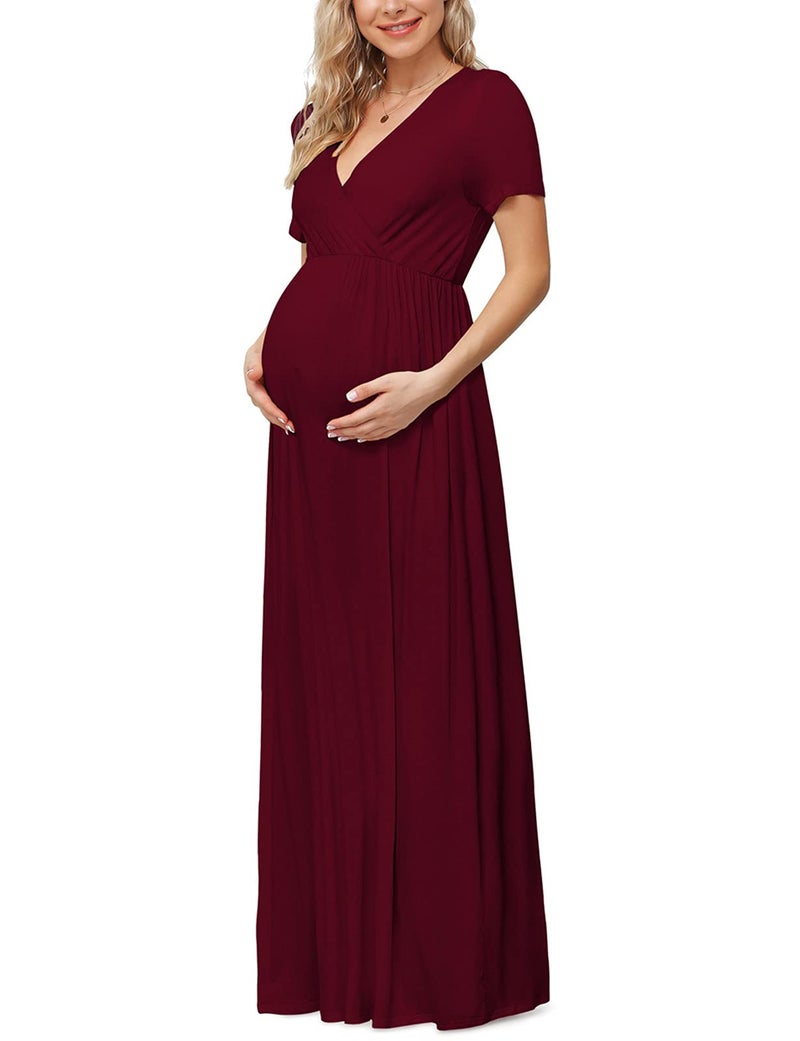 Xpenyo Maternity Dresses Women's Summer Casual Short Sleeve V Neck Wrap Long Maxi Dress Pregnancy Clothes for Baby Shower, Photoshoot, Party, Daily, Nursing, Wine Red M - Image 1