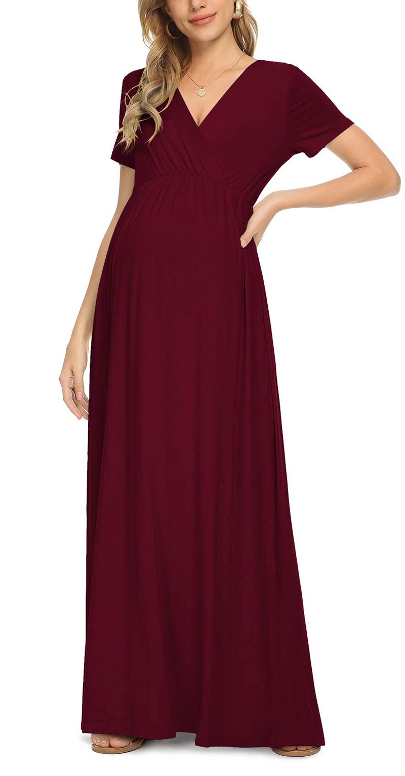 Xpenyo Maternity Dresses Women's Summer Casual Short Sleeve V Neck Wrap Long Maxi Dress Pregnancy Clothes for Baby Shower, Photoshoot, Party, Daily, Nursing, Wine Red M - Image 3
