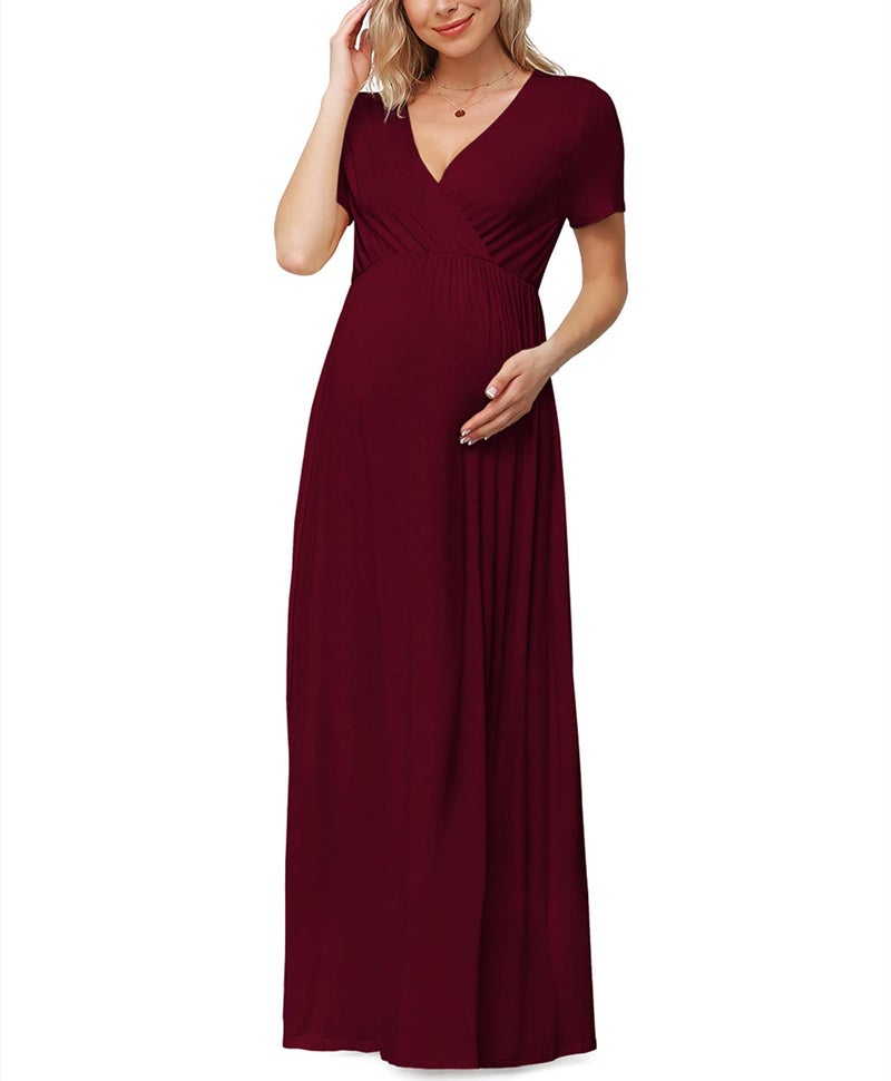 Xpenyo Maternity Dresses Women's Summer Casual Short Sleeve V Neck Wrap Long Maxi Dress Pregnancy Clothes for Baby Shower, Photoshoot, Party, Daily, Nursing, Wine Red M - Image 2