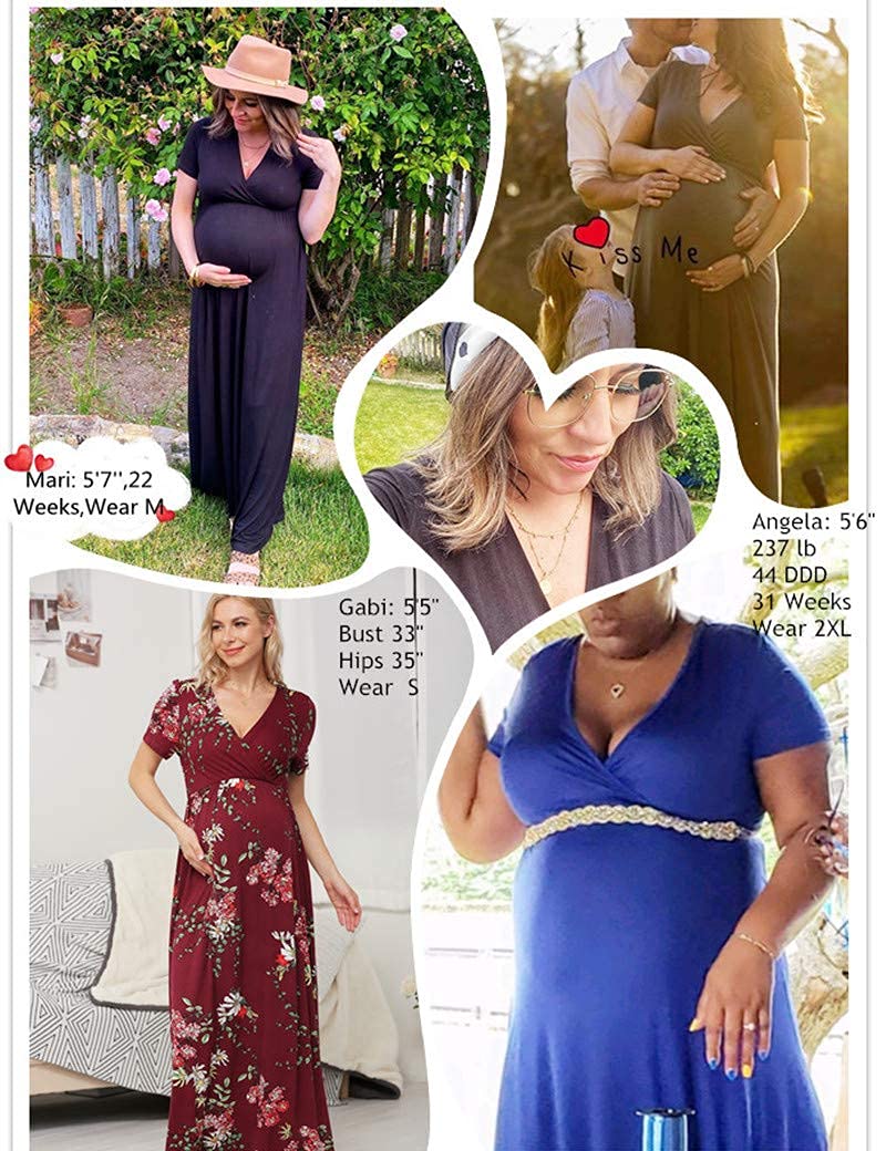 Xpenyo Maternity Dresses Women's Summer Casual Short Sleeve V Neck Wrap Long Maxi Dress Pregnancy Clothes for Baby Shower, Photoshoot, Party, Daily, Nursing, Wine Red M - Image 4