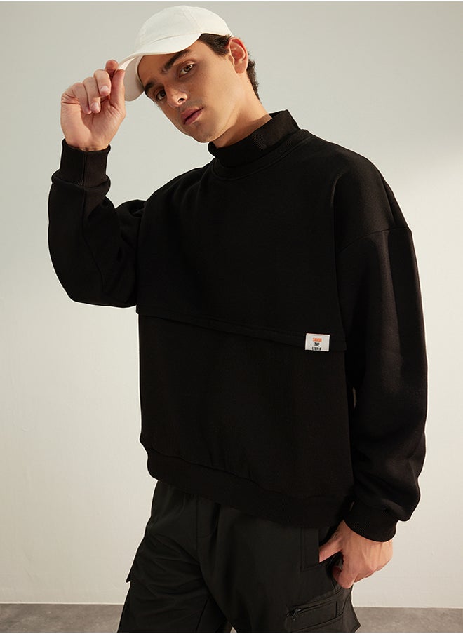 trendyol - Limited Edition Black Oversize/Wide Cut Labeled Fleece Inside Thick Sweatshirt TMNAW24SW00228 - Image 1