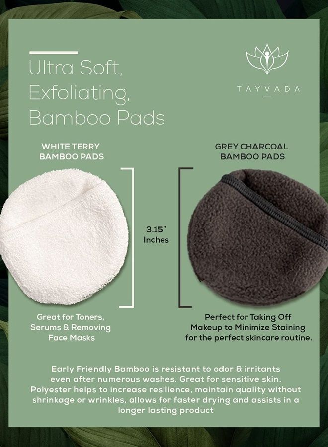 TAYVADA Luxury Bamboo Reusable Makeup Remover Pads, USA Brand (14 PK), Four Layer Face Pads w/Pocket - Reusable Bamboo Face Pads - Eco-Conscious Makeup Remover Pads - Includes Mesh Washing Bag (White/Grey)