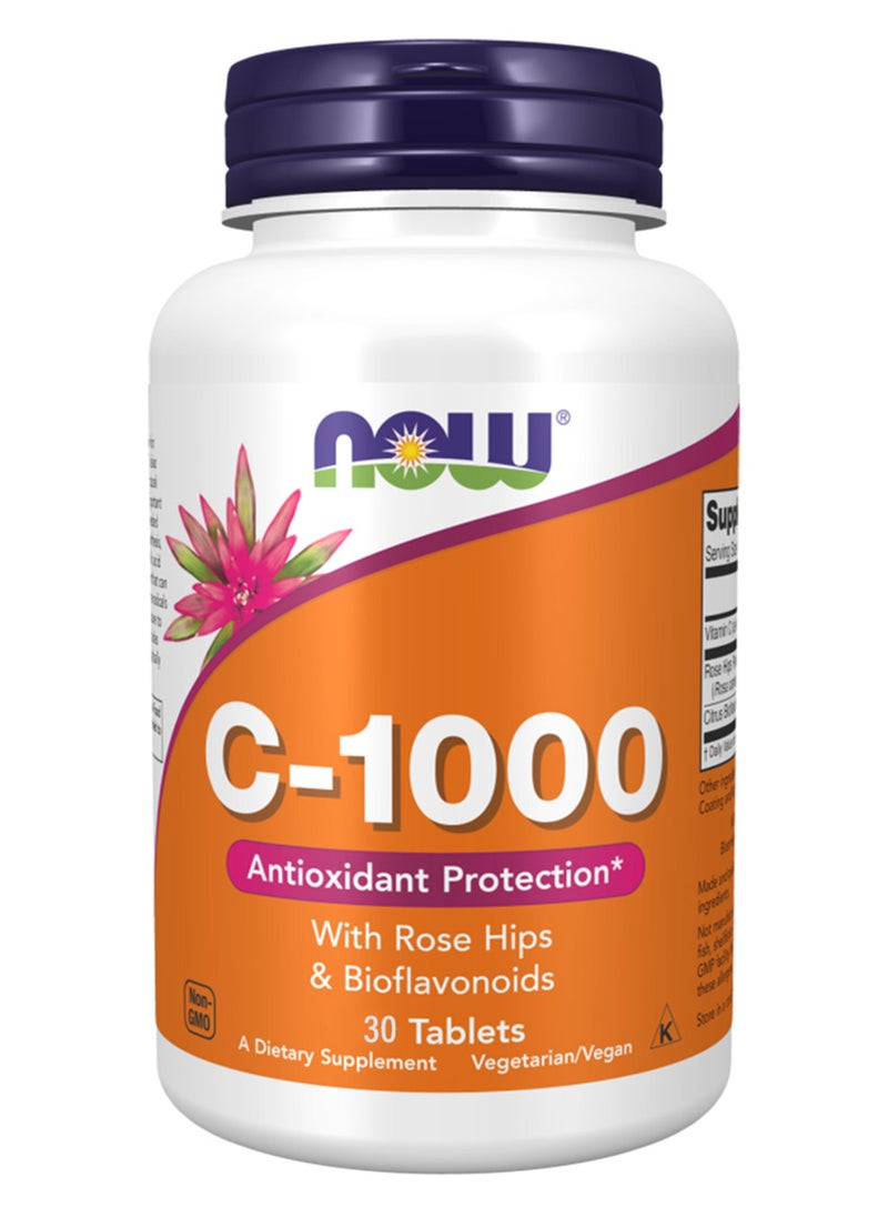 now أقراص فيتامين سي C-1000 المضادة للأكسدة ودعم المناعة، عبوة من 30 قرصًا  - Image 1