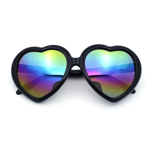 SA106 Womens Mirrored Rusta Mirror Lens Plastic Frame Heart Shape Sunglasses (Black) - Image 1