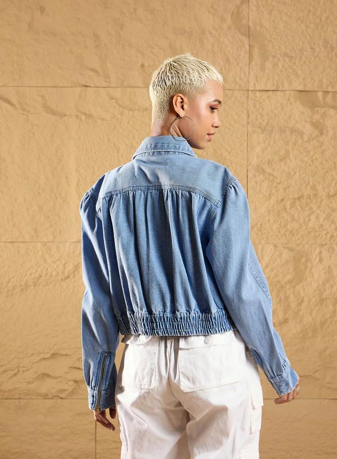 SASSAFRAS Zipper Front Crop Denim Biker Jacket by Styli