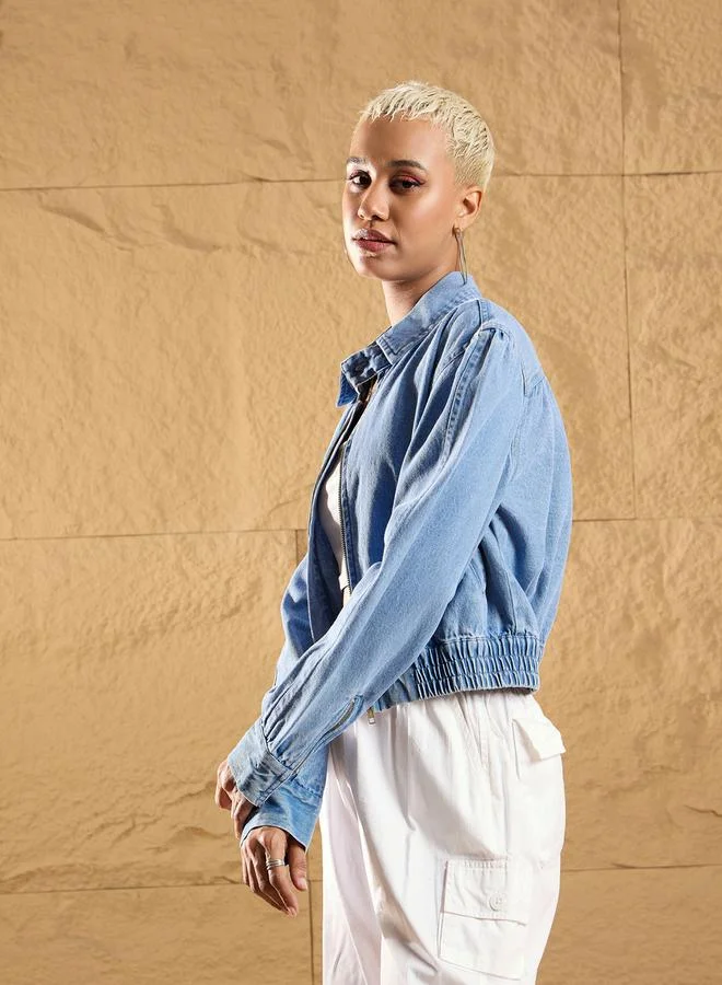 SASSAFRAS Zipper Front Crop Denim Biker Jacket by Styli