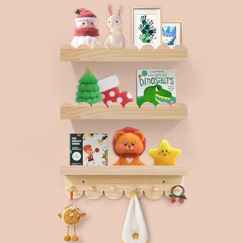 Varbonia Floating Nursery Book Shelves for Wall, 16'' Wood Book Shelf for Baby Boys Girls Bedroom Bathroom and Décor Storage, Wall Shelf for Books, Plants, Toys, Photo Frames (Wooden, 3 Pack) - Image 1