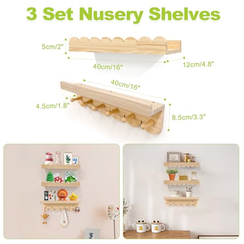 Varbonia Floating Nursery Book Shelves for Wall, 16'' Wood Book Shelf for Baby Boys Girls Bedroom Bathroom and Décor Storage, Wall Shelf for Books, Plants, Toys, Photo Frames (Wooden, 3 Pack) - Image 3