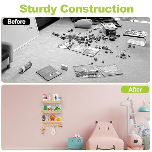 Varbonia Floating Nursery Book Shelves for Wall, 16'' Wood Book Shelf for Baby Boys Girls Bedroom Bathroom and Décor Storage, Wall Shelf for Books, Plants, Toys, Photo Frames (Wooden, 3 Pack) - Image 4