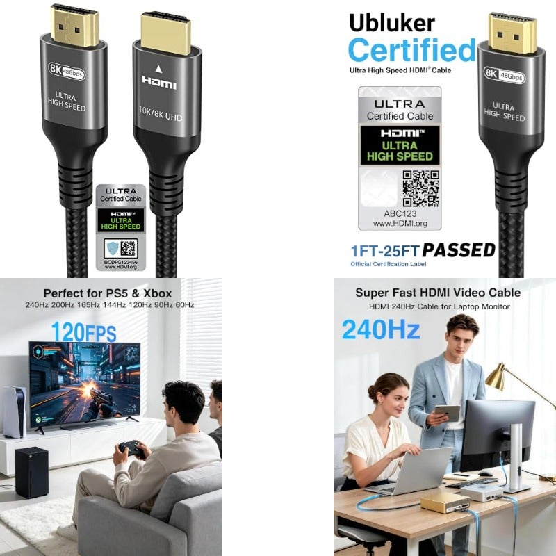 كابل HDMI 10K 8K 4K بسرعة عالية جدًا 48 جيجابت في الثانية، بطول 6 متر، معتمد للسرعة الفائقة، يدعم 4K بمعدل تحديث 240Hz، 144Hz، 120Hz، ودقة 10K و8K، مع تقنية HDR10+، eARC، HDCP 2.3، ومتوافق مع Netflix، Roku، تلفزيون، كمبيوتر، بروجيكتور، PS5، وXbox - Image 1