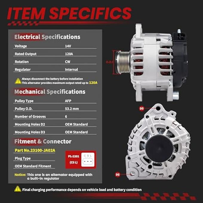TSSLIIN High Output Alternator For/Nissan 2007-2012 Altima 2011-2013 Rouge 2014-2015 Rouge Select 2007-2012 Sentra 2.5L 12V 110Amp 6-Groove Pulley Upgraded 23100-JA02A 11258N - Image 4